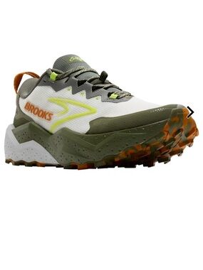 Brooks Caldera 8 Trail Running Shoe in White, Olive & Orange Accents